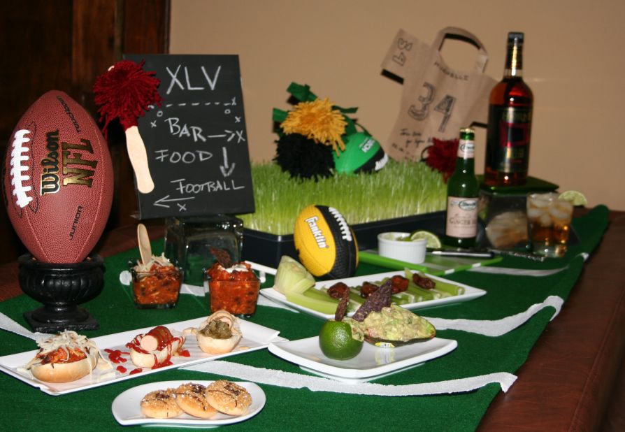 Eventologie's Super Bowl party spread includes recycled foam footballs, wheatgrass and food items that don't require plates or cutlery.
