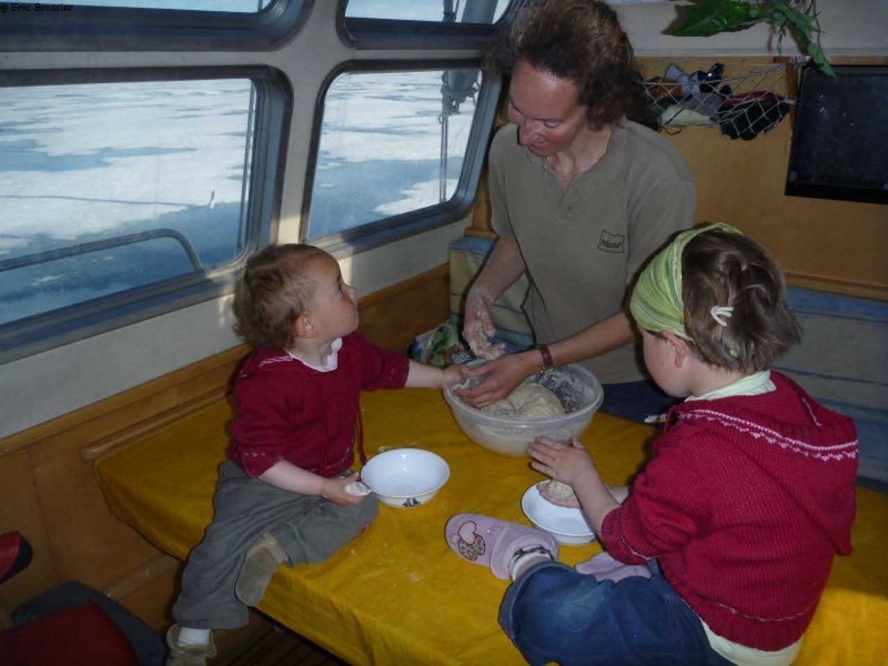 The Brossier family aboard their polar vessel,<em> Le Vagabond</em>. Eldest daughter Leonie (right) was only 12 days old the first time she boarded the vessel.