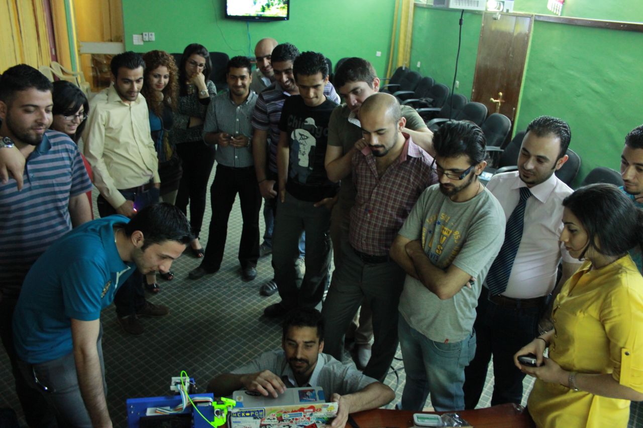 Bilal Ghalib, an Iraqi-American advocate for hackerspaces in the Middle East, told CNN he wants to see "A thousand hackerspaces from Turkey to Morocco." Here, he demonstrates new equipment to members of Fikra Space, Baghdad's first hackerspace.