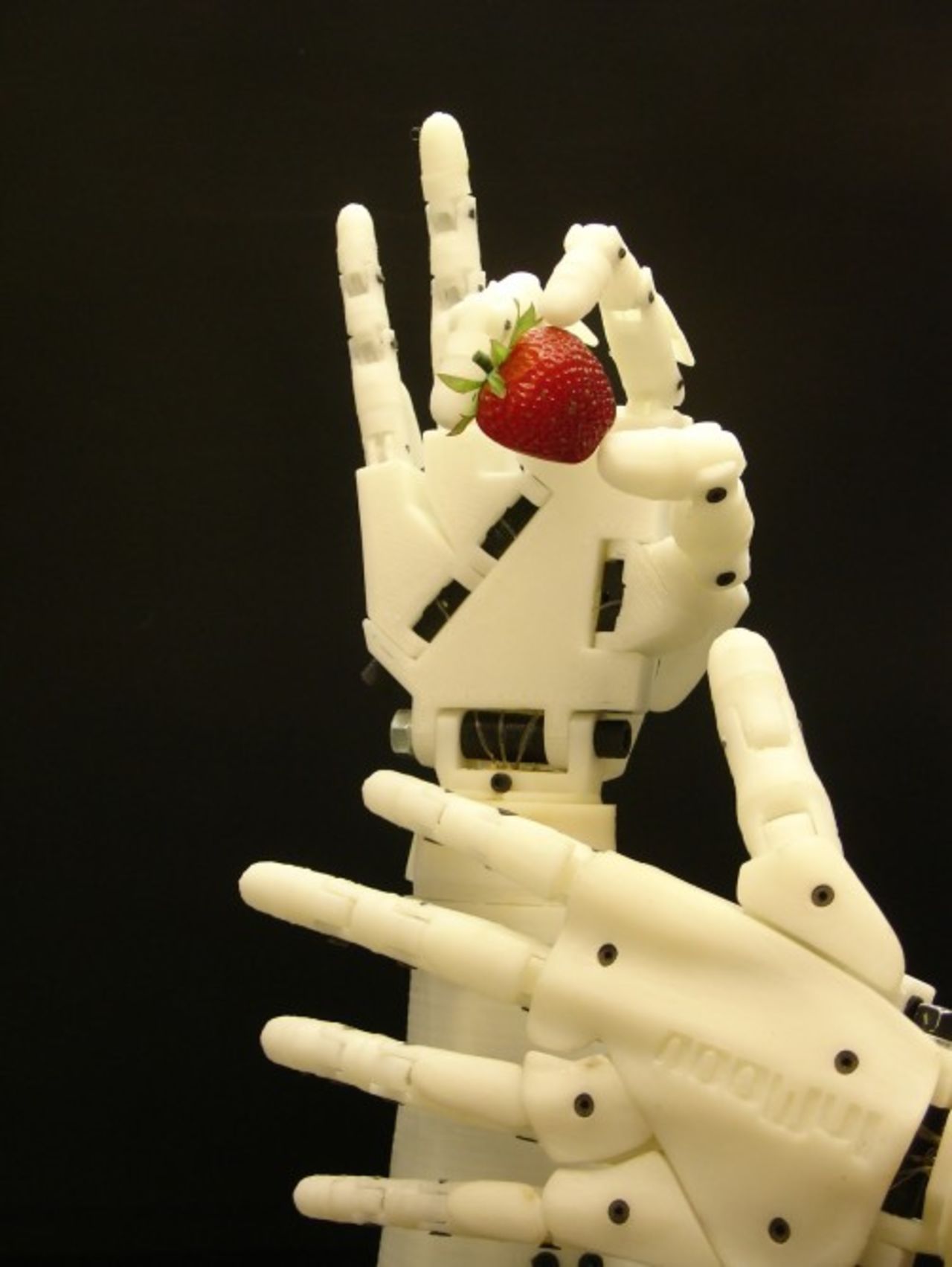 InMoov's hands now have fully articulated fingers and silicone padding to help it grasp objects. 