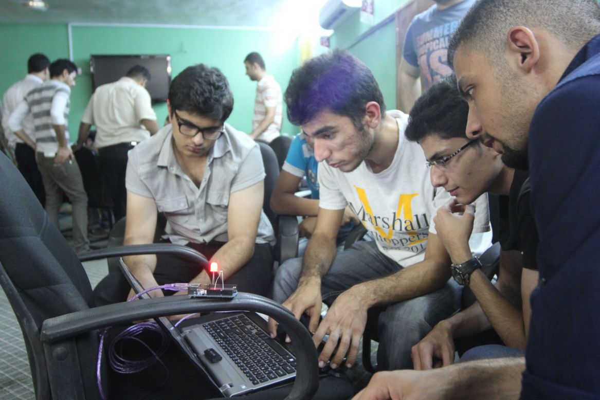 Fikra Space member Mujtaba Zuhair experiments with some open-source technology at Baghdad's first hackerspace.
