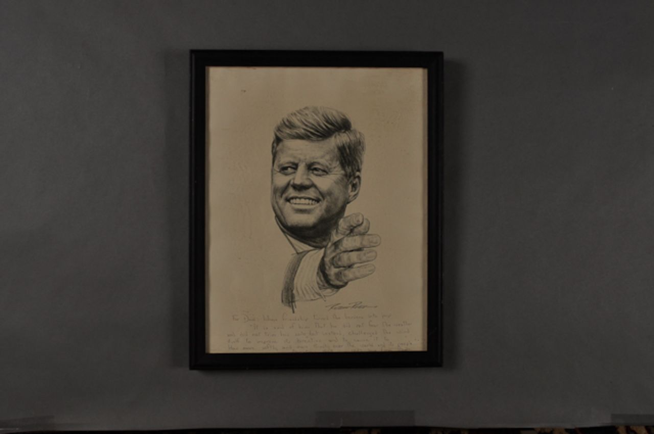Lithograph of Kennedy by Robert Rogers. Annotations to Dave Powers and signed "Ethel."