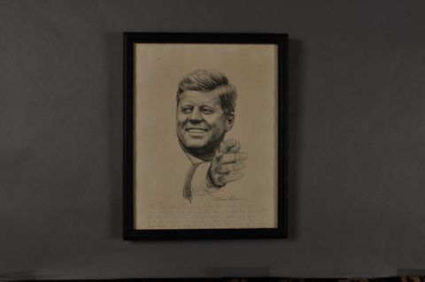 Lithograph of Kennedy by Robert Rogers. Annotations to Dave Powers and signed "Ethel."