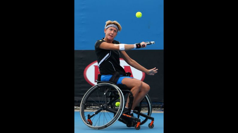 Sabine Ellerbrock of Germany plays a backhand in her wheelchair singles final against Aniek Van Koot of the Netherlands on January 26. Van Koot took the title with a 6-1 1-6 7-5 victory.