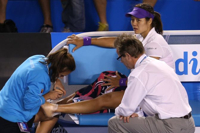 Li, the first Asian to win a women's singles grand slam title when she triumphed at the 2011 French Open, needed to have her foot strapped up after twisting her ankle at 3-1 down in the second set. 