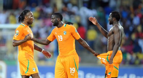 Substitute Didier Drogba (left) celebrates with Yaya Toure after the midfielder put the Ivory Coast 2-0 ahead near the end of the Africa Cup of Nations Group D match against Tunisia in Rustenburg.