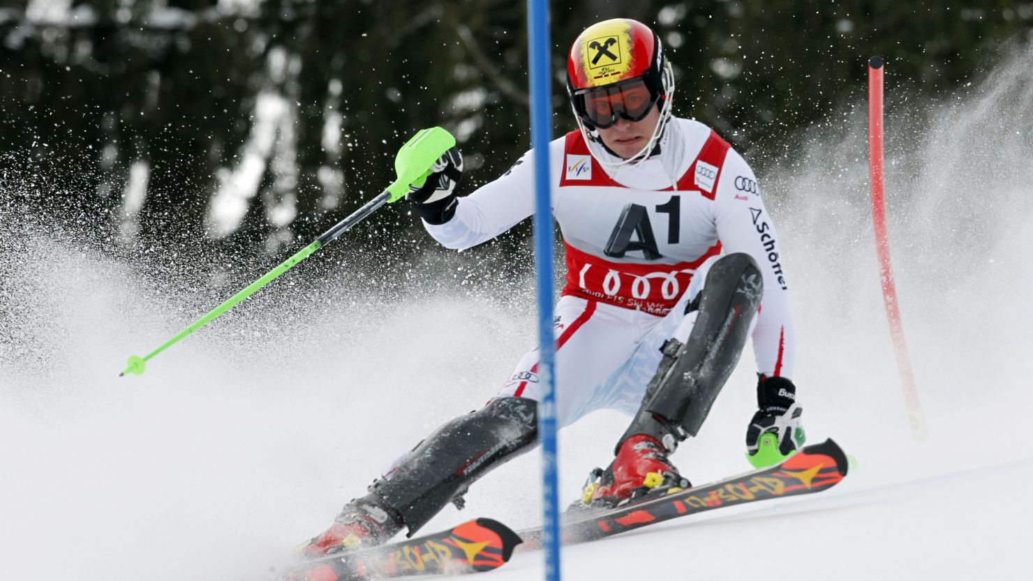 Austria's Marcel Hirscher powered  to a stunning victory in Sunday's World Cup slalom in Kitzbuhel, Austria.