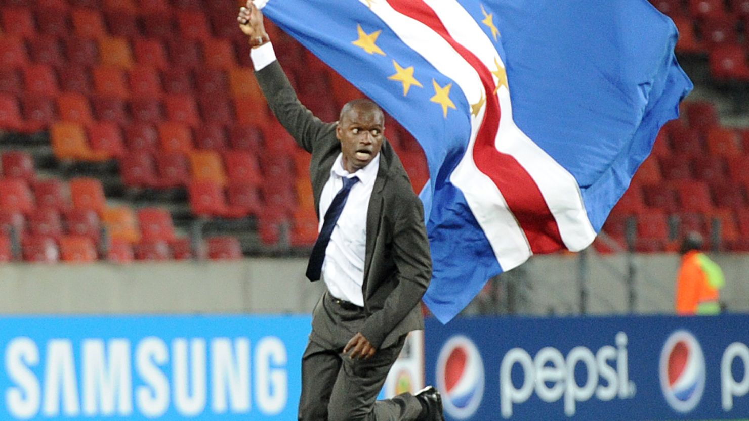 Cape Verde coach Luis Antunes celebrates his side's qualification for the last eight of the Africa Cup of Nations.
