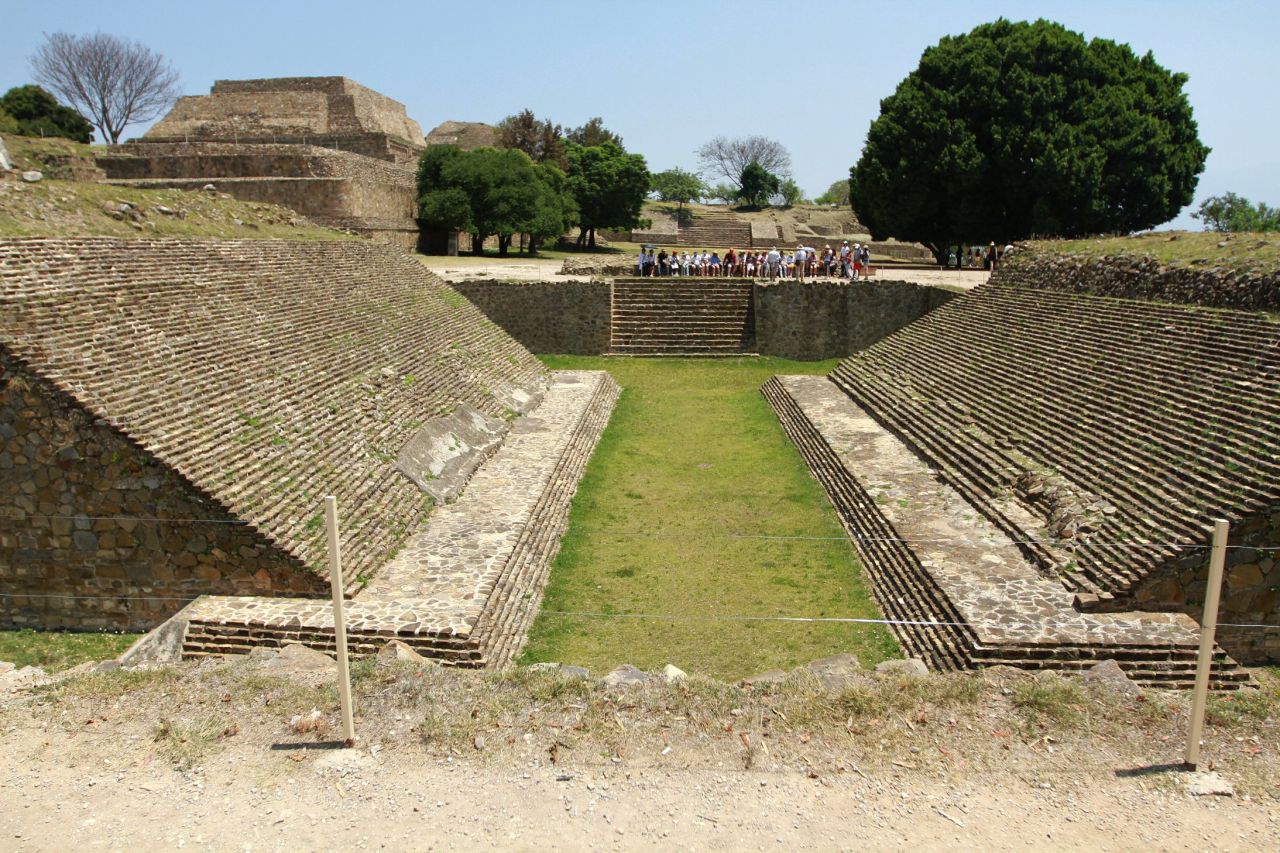 Near Oaxaca stand the ruins of Monte Alban, a Zapotec civilization. Ball courts like this one are a common feature of pre-Hispanic meso-American cities, where a game with ritual significance was played.