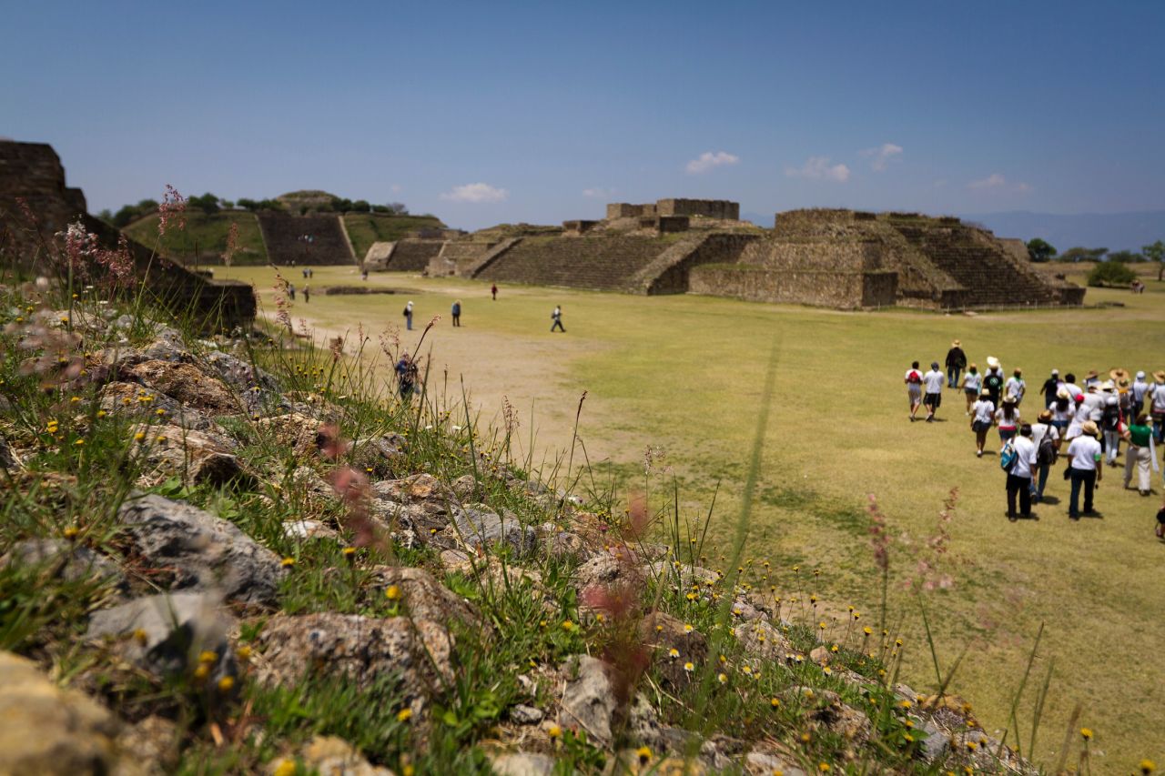 Monte Alban archaeological site near Oaxaca sits on a scenic hilltop.