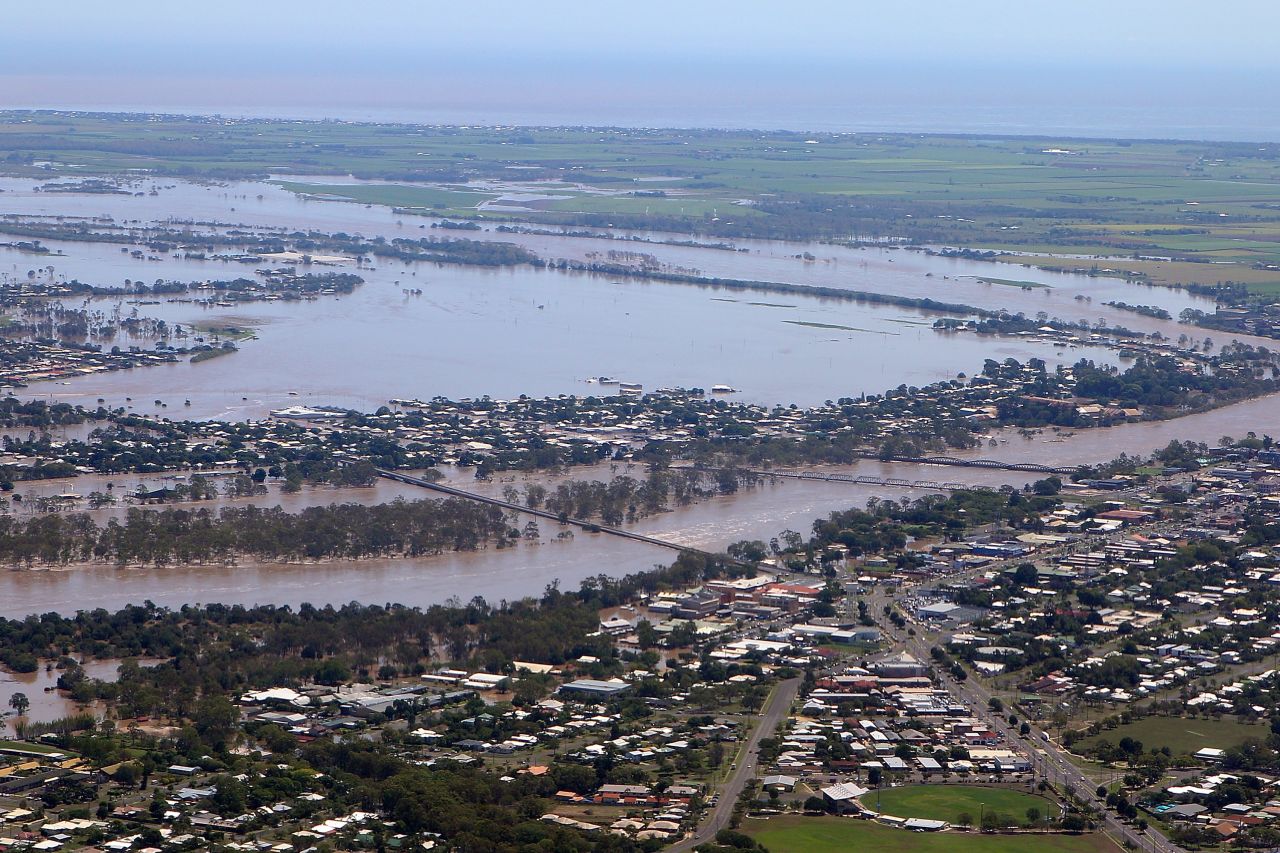 An aerial view shows rising floodwaters in Bundaberg on January 29.