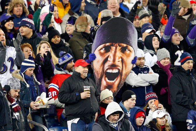 Baltimore Ravens fans display a huge depiction of star linebacker Ray Lewis. They will be hoping Lewis can lead the Ravens to glory at Super Bowl XLVII this weekend, when  their opponents will be the San Francisco 49ers.