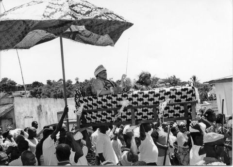 King Peggy in her palanquin during her coronation ceremony in Otuam. She still works at the embassy in the United States but uses all her holiday every year to go back to Ghana for a month.