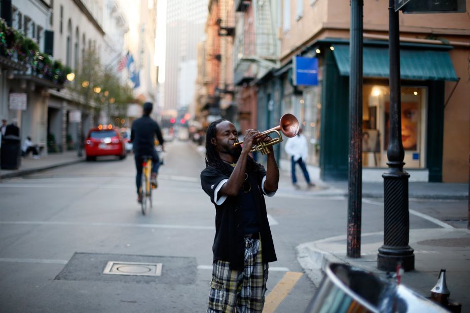 Mario Abney plays the trumpet on Bourbon Street in the French Quarter January 28.