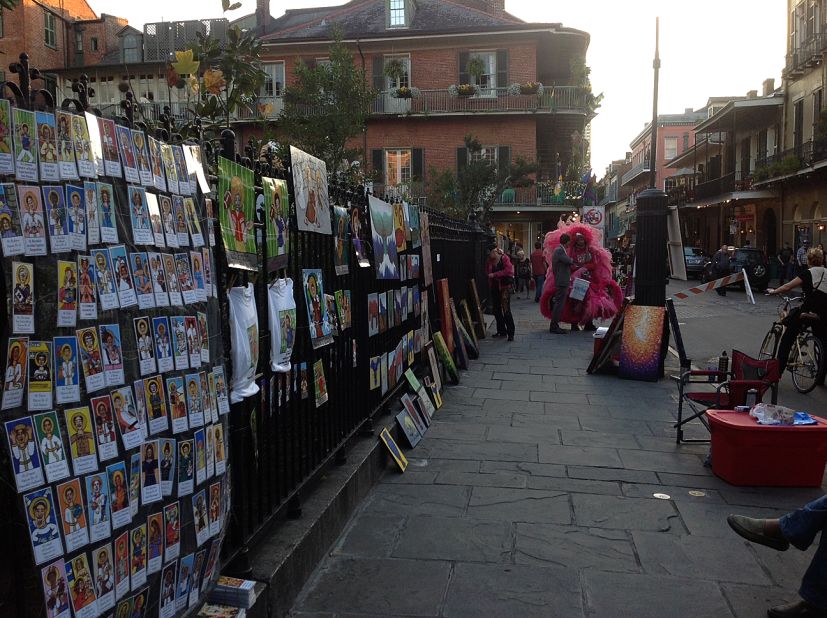 Artwork awaits Mardi Gras and Super Bowl visitors in the French Quarter.