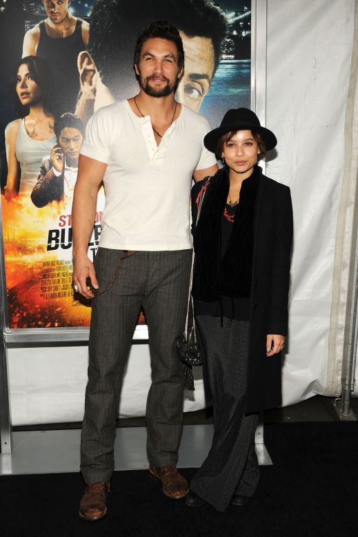 Jason Momoa and Zoe Kravitz arrive at the "Bullet To The Head" premiere in New York City.