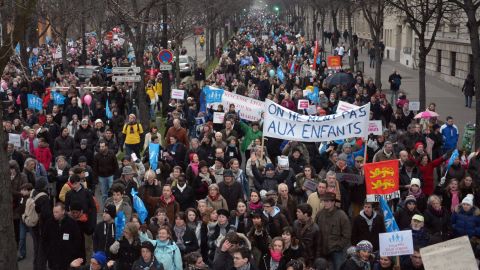 People take part in a protest against same-sex marriage on January 13, 2013 in Paris.