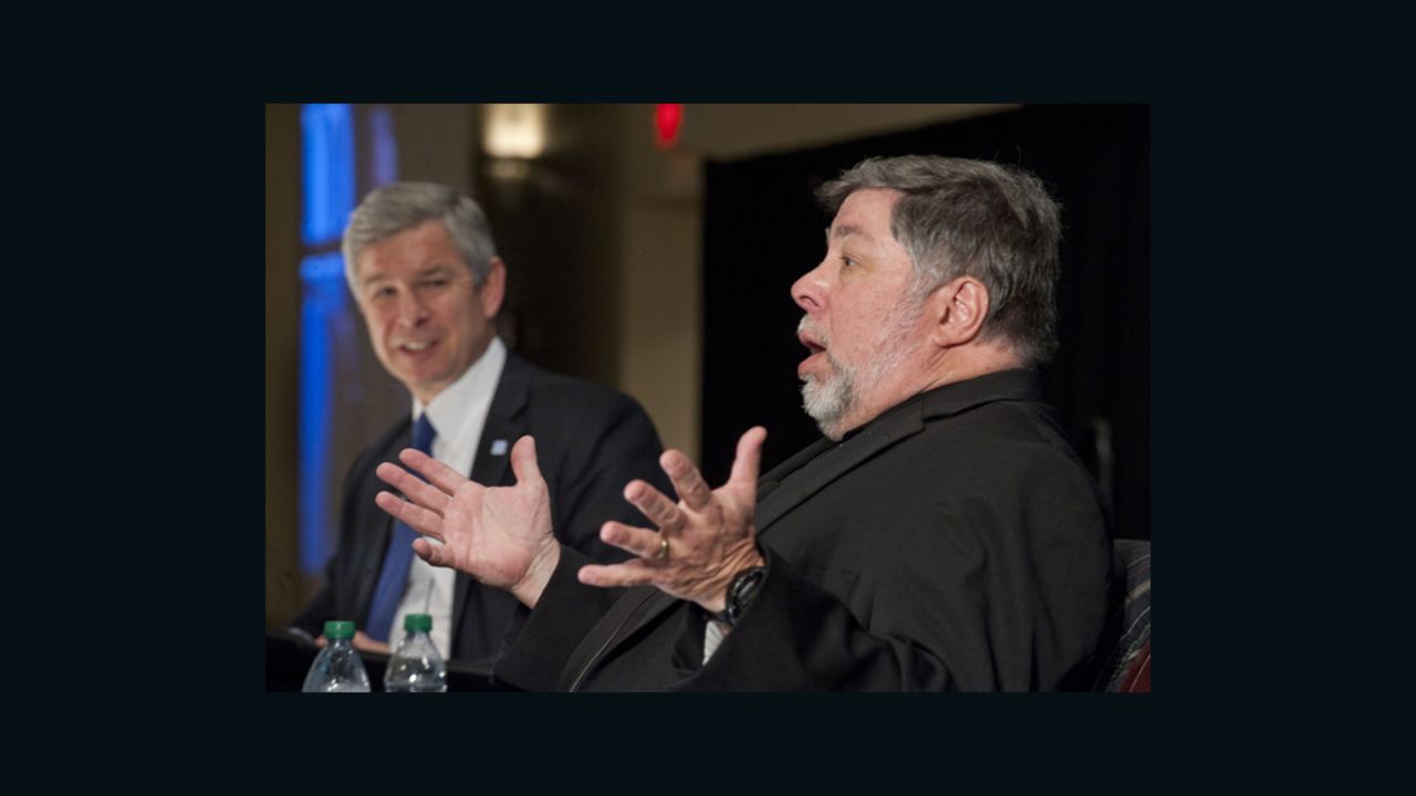 Apple co-founder Steve Wozniak, right, speaks with Georgia State University Mark Becker during Wednesday's event.