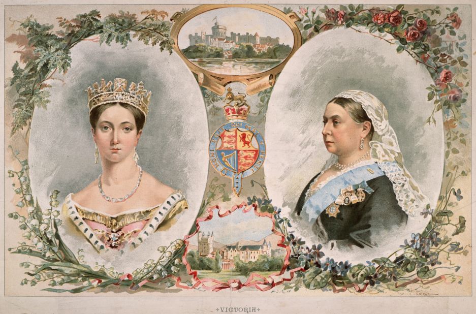 Published in 1887, this drawing depicts Queen Victoria (1819-1901) at the start of her reign in 1837 and as she appeared 50 years later at the time of her Golden Jubilee. 