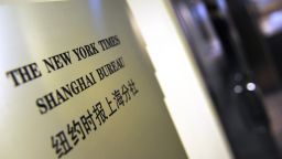 A plaque is seen on the wall outside the New York Times office in Shanghai on October 30, 2012.