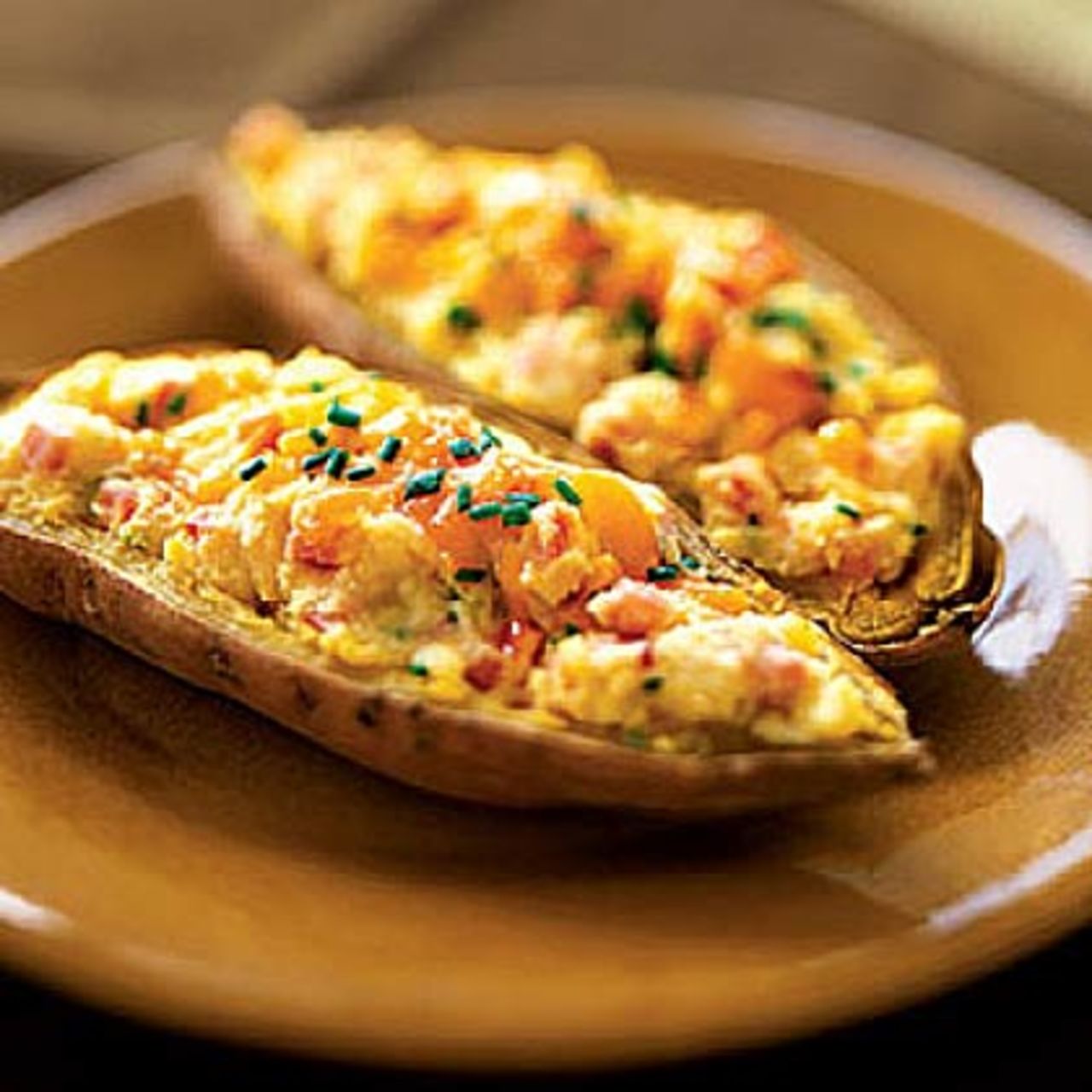Get a boost of beta-carotene and cut out much of the fat in traditional recipes with this shortcut to classic twice-baked potatoes. A serving is 341 calories. <strong>Try this recipe:</strong> <a href="http://www.health.com/health/recipe/0,,10000001046786,00.html" target="_blank" target="_blank">Twice-baked sweet potatoes</a> 