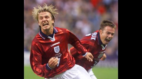 Beckham celebrates his goal against Colombia in the 1998 World Cup.