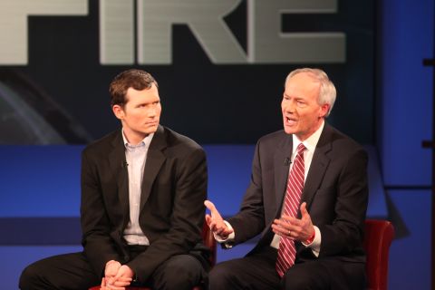 Colin Goddard, left, who survived the Virginia Tech mass shooting in 2007, left, with Asa Hutchinson, a former congressman involved in the National Rifle Association's school emergency response program.
