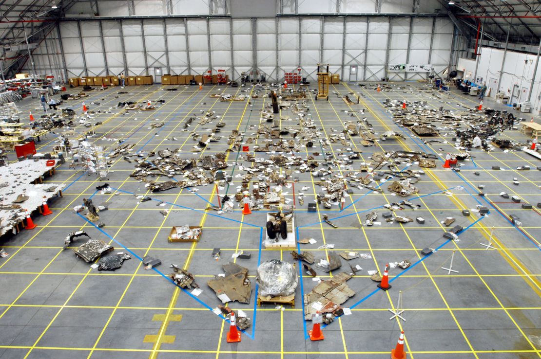 In this handout photo by NASA, the floor of the RLV Hangar is full of pieces of Space Shuttle Columbia debris delivered from the search and recovery efforts in East Texas on May 8, 2003 at the Kennedy Space Center, Florida.