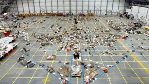 In this handout photo by NASA, the floor of the RLV Hangar is full of pieces of Space Shuttle Columbia debris delivered from the search and recovery efforts in East Texas on May 8, 2003 at the Kennedy Space Center, Florida.