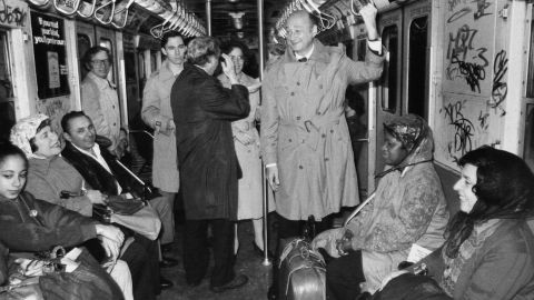 Koch, a three-term mayor of New York, rides the subway in January 1978.