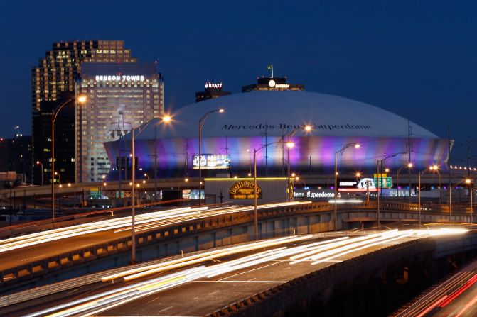 This Sunday will be the 10th time the Super Bowl has been hosted by New Orleans. A nighttime view shows the Mercedes-Benz Superdome.  