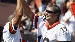 CLEVELAND, OH - SEPTEMBER 09: Former Cleveland Browns players Webster Slaughter #84 and Bernie Kosar #19 are honored before the game against the Philadelphia Eagles their season opener at Cleveland Browns Stadium on September 9, 2012 in Cleveland, Ohio. (Photo by Matt Sullivan/Getty Images