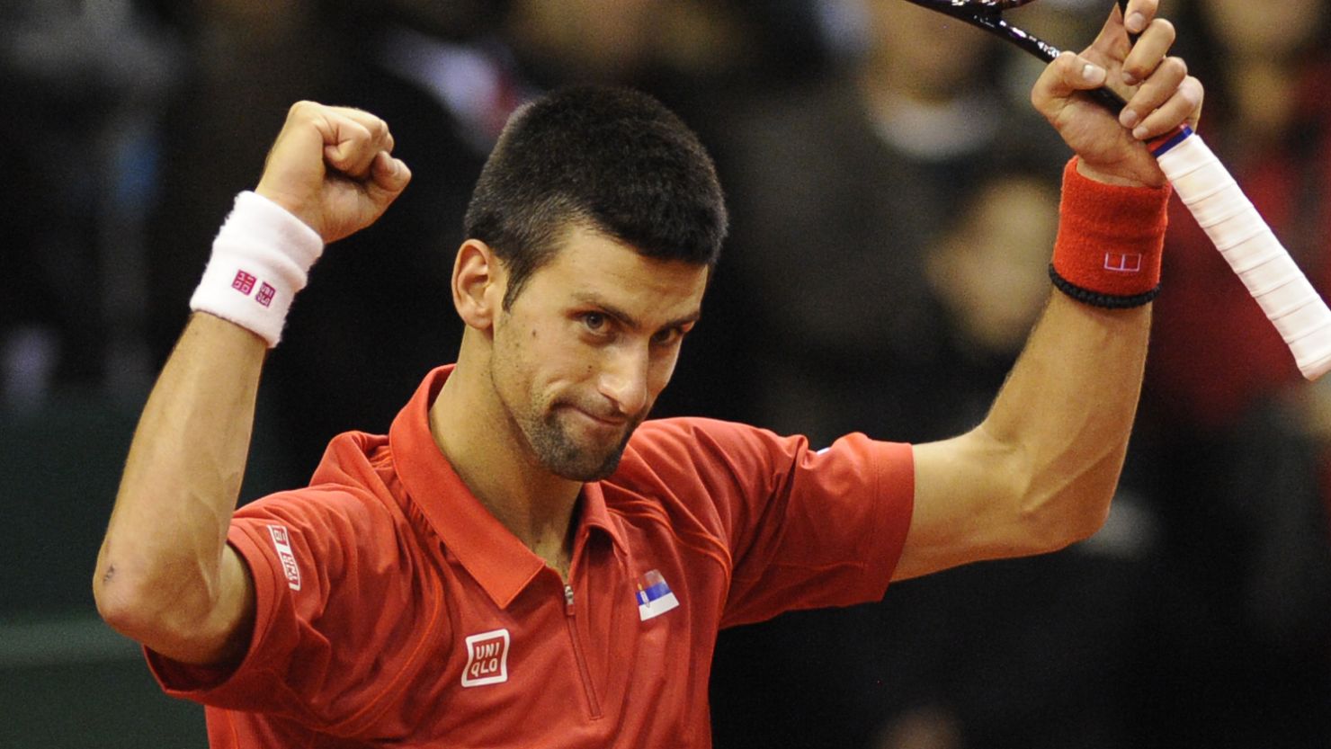 Novak Djokovic celebrates his straight sets victory over Olivier Rochus in the Davis Cup tie in Belgium. 