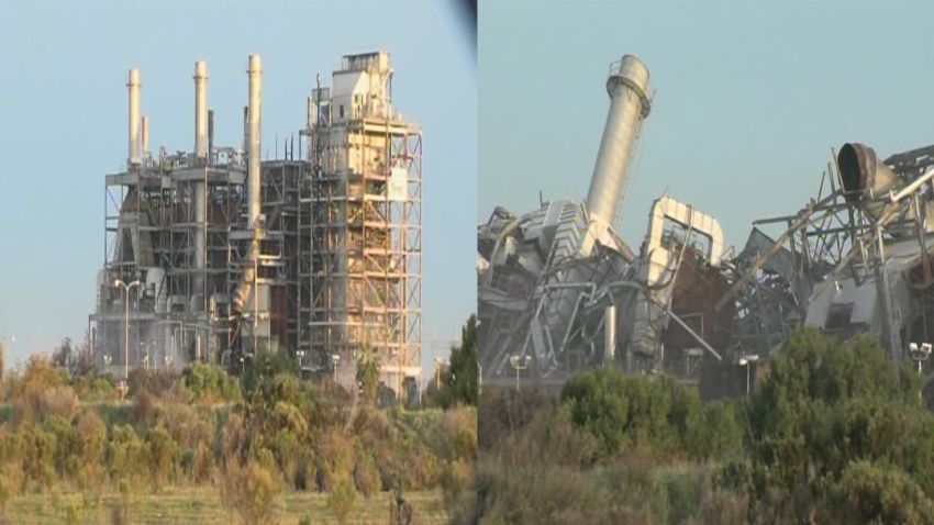 The South Bay Power Plant in Chula Vista, CA imploded Saturday, February 2, at 10am ET in San Diego. 
Picture is a split of a before the implosion and after the implosion 