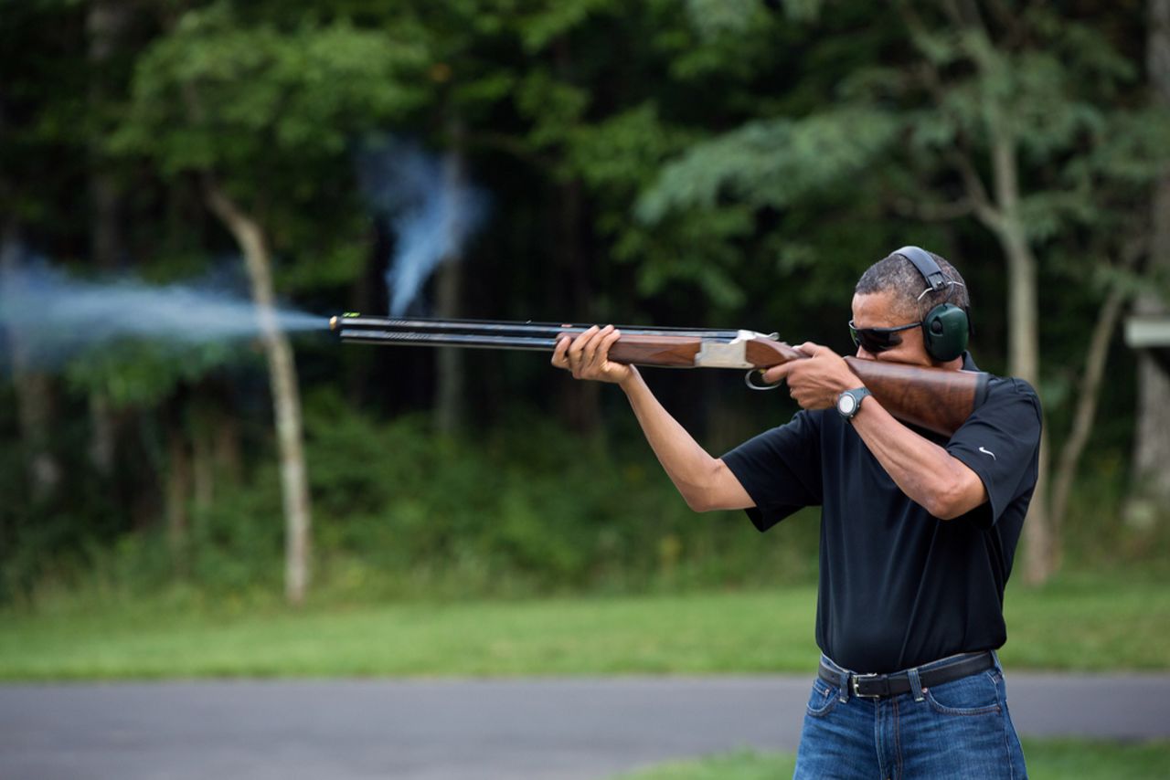 To back up President Barack Obama's statement that he goes skeet shooting regularly, which some Republicans questioned, the White House released this photo of Obama firing a gun at Camp David in August. See more commanders in chief taking advantage of their right to bear arms.