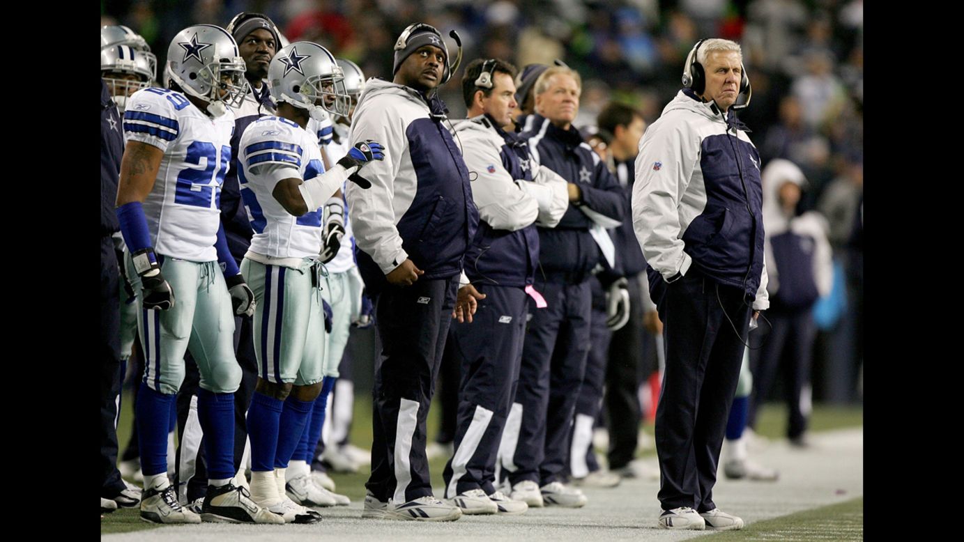 Head coach Bill Parcells of the Dallas Cowboys watches his team from the sidelines in the second half of the NFC Wild Card Playoff Game against the Seattle Seahawks in 2007. Parcells is the only coach among this year's Hall of Fame class.