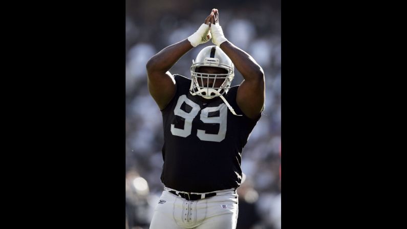 Warren Sapp of the Oakland Raiders celebrates during the game against the Arizona Cardinals in 2006 in Oakland, California. Sapp is a 2013 Hall of Fame pick.