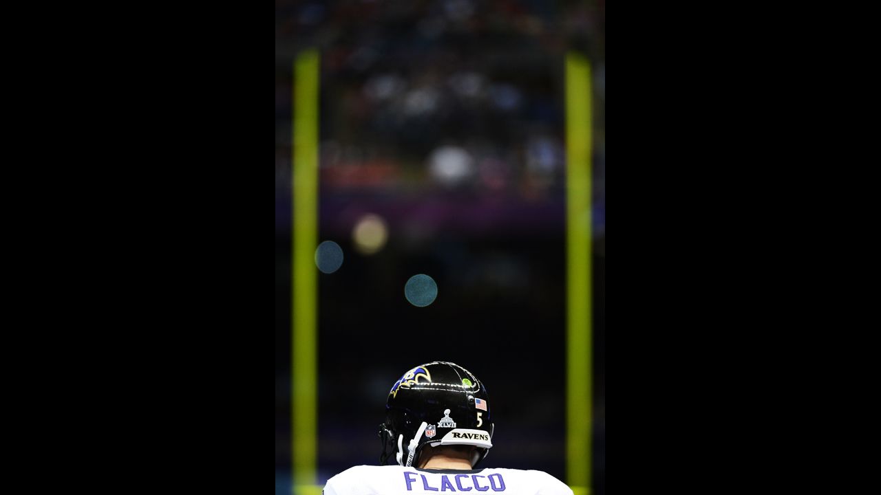 Quarterback Joe Flacco of the Baltimore Ravens stands on the field prior to kickoff against the San Francisco 49ers.