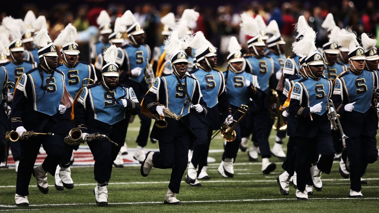 The Southern University Marching Band gets ready to perform before the start of Super Bowl XLVII.