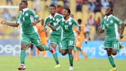 Emmanuel Emenike, left, celebrates after putting Nigeria 1-0 ahead against Ivory Coast in the Africa Cup of Nations quarterfinal at Royal Bafokeng Stadium in Rustenburg, South Africa.