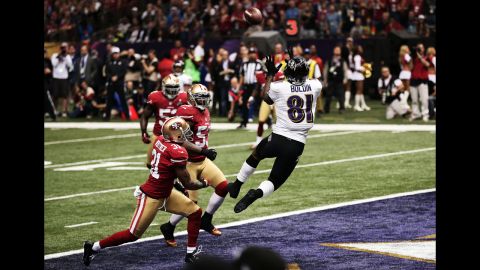 Anquan Boldin of the Baltimore Ravens makes a 13-yard touchdown reception in the first quarter against the San Francisco 49ers during Super Bowl XLVII at the Mercedes-Benz Superdome on Sunday, February 3, in New Orleans, Louisiana.