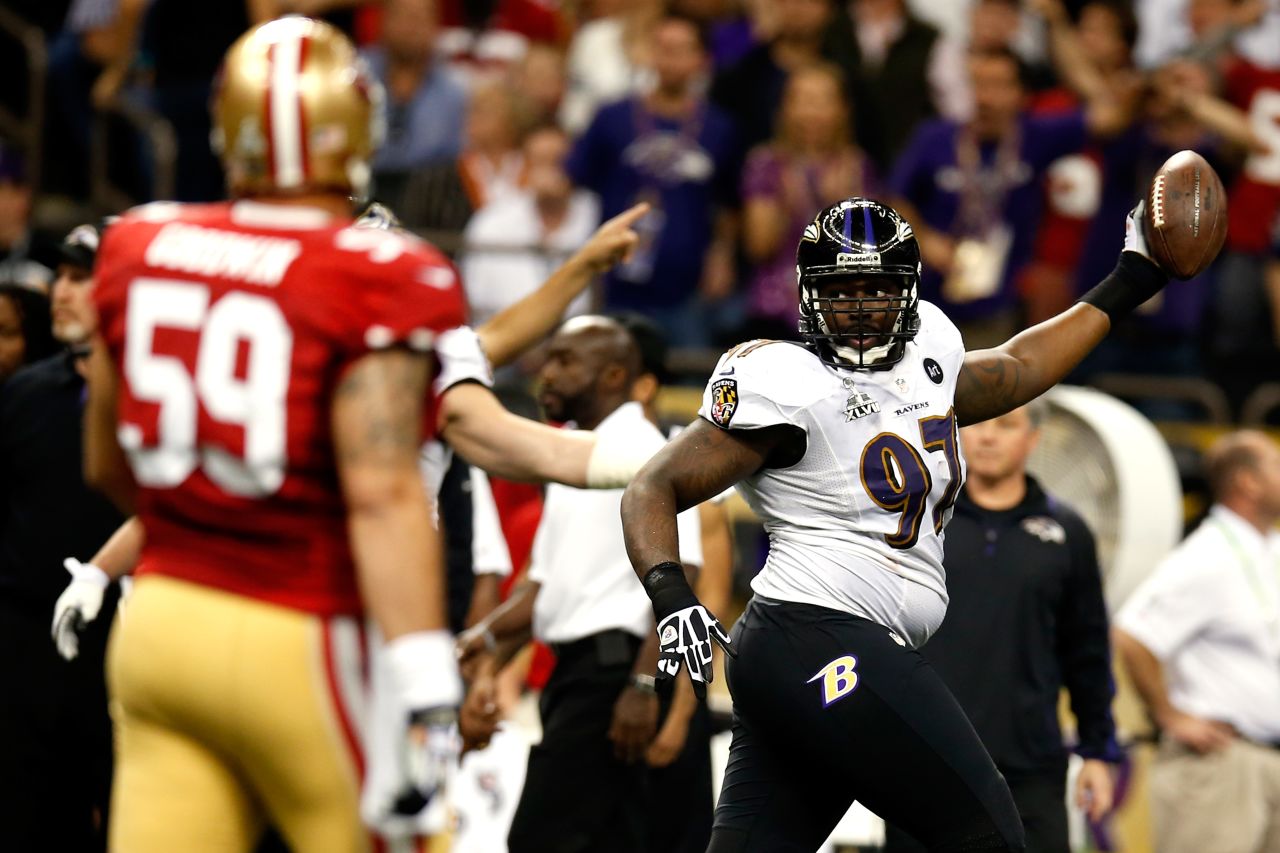 Arthur Jones of the Baltimore Ravens celebrates after recovering a fumble from LaMichael James of the San Francisco 49ers in the second quarter of Super Bowl XLVII.
