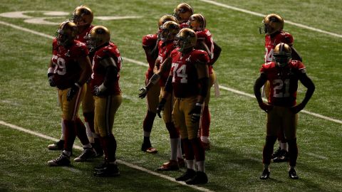 The San Francisco 49ers wait for all the power to come back to the Superdome.
