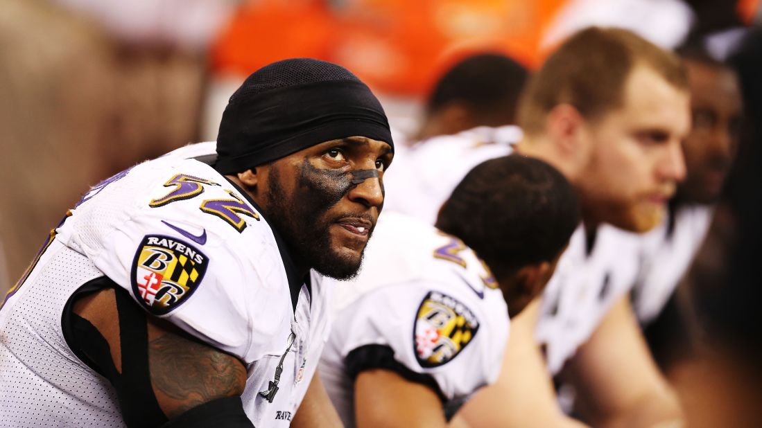 Ray Lewis of the Baltimore Ravens watches from the bench during the third quarter.
