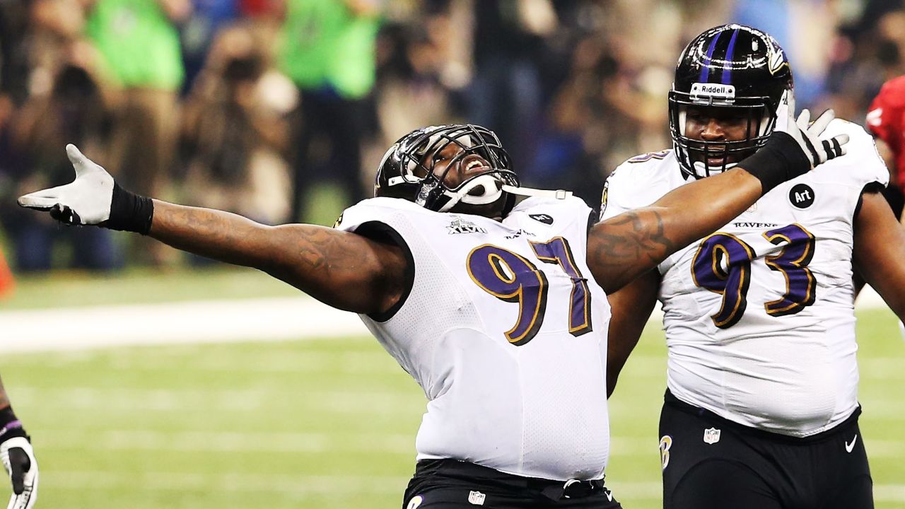 Arthur Jones of the Baltimore Ravens celebrates after a tackle during Super Bowl XLVII.