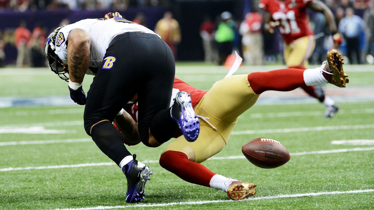 Tarell Brown of the San Francisco 49ers causes Ray Rice of the Baltimore Ravens to fumble in the third quarter; Brown recovered the fumble. 
