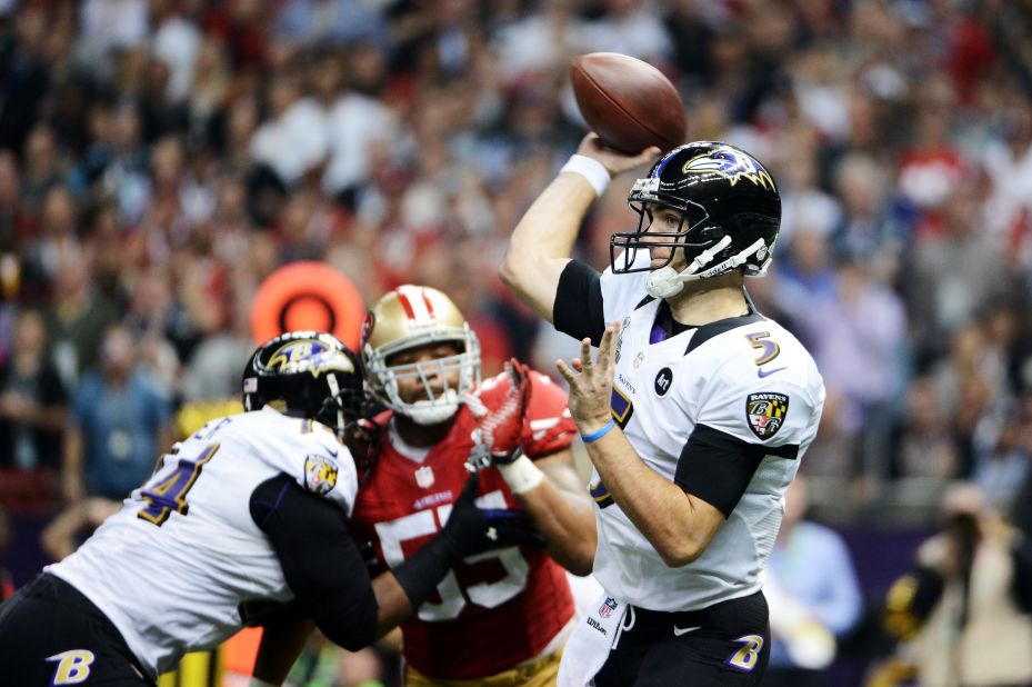 Ravens quarterback Joe Flacco throws a pass against the San Francisco 49ers during Super Bowl XLVII.