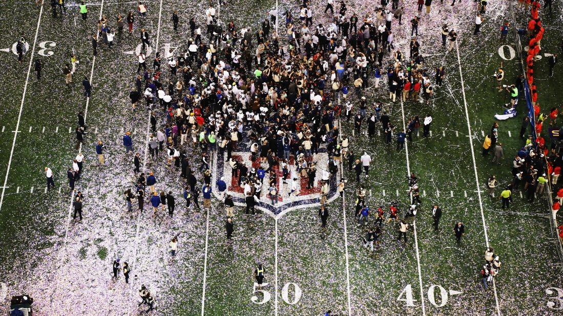 Confetti falls on the field as the Ravens celebrate their 34-31 victory over the 49ers.