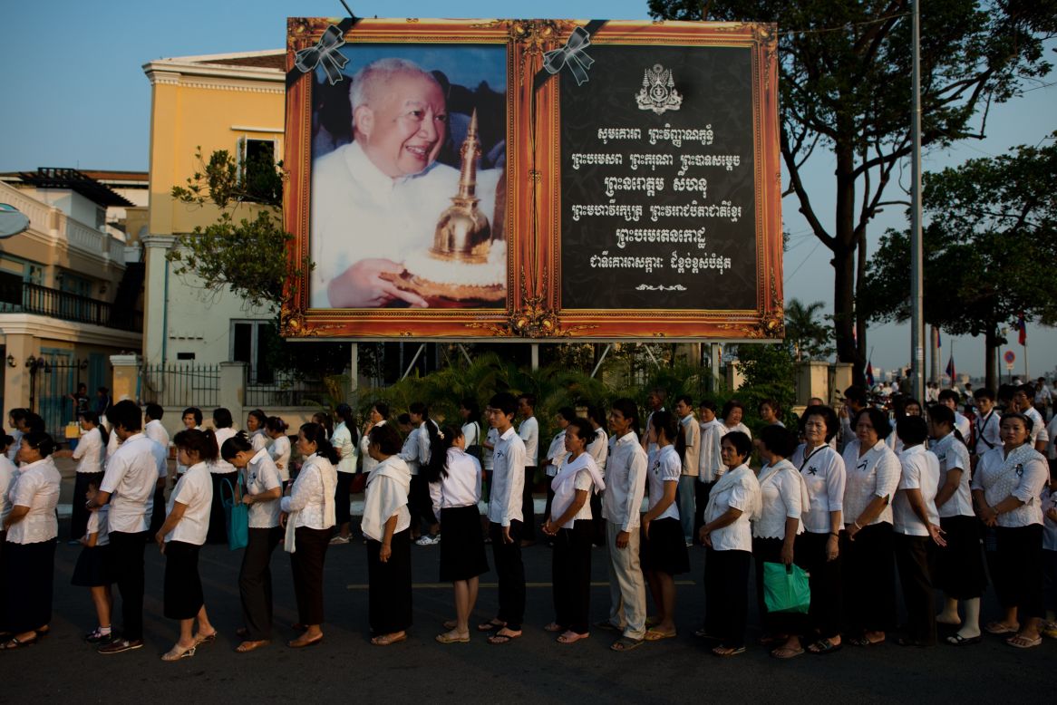 Thousands of Cambodians queue to enter the crematorium area on Monday. Cambodia will hold an elaborate cremation ceremony, part of a week-long funeral for the late royal. Sihanouk, who abdicated in 2004 after leading Cambodia for six decades, died on October 15 and his body has been lying in state at the Royal Palace.  
