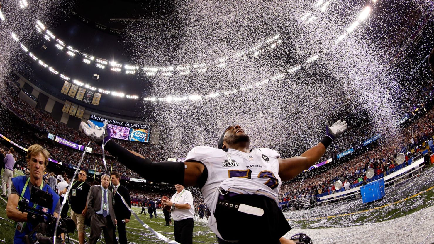 Ray Lewis of the Baltimore Ravens celebrates after defeating the San Francisco 49ers during Super Bowl XLVII. The Ravens defeated the 49ers, 34-31. 